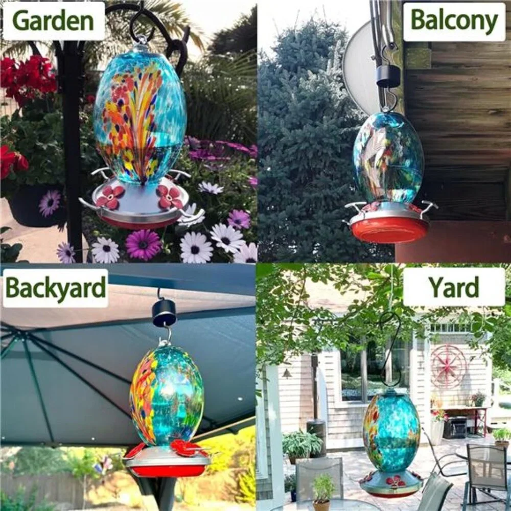 Garden Glass Humming Bird Feeders for Outdoors - 27OZ Blown Glass Feeder